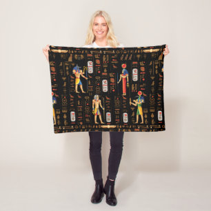 Gold Egyptian hieroglyphs and deities on black Fleece Blanket