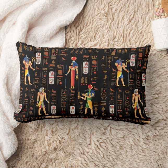 Gold Egyptian hieroglyphs and deities on black  Lumbar Cushion (Blanket)
