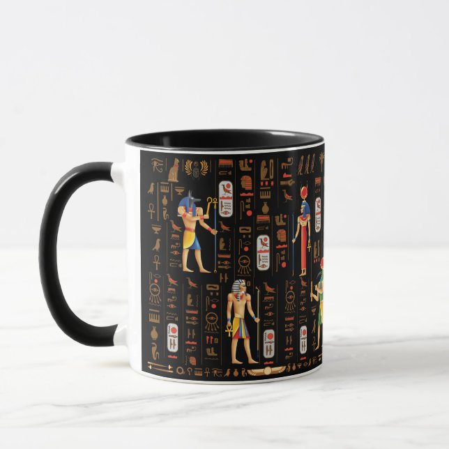 Gold Egyptian hieroglyphs and deities on black  Mug (Left)
