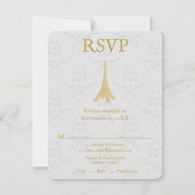 Gold Eiffel Tower Damask Wedding RSVP Card (Front)