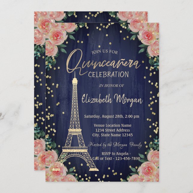 Gold Eiffel Tower Diamonds Flowers Quinceañera Invitation (Front/Back)