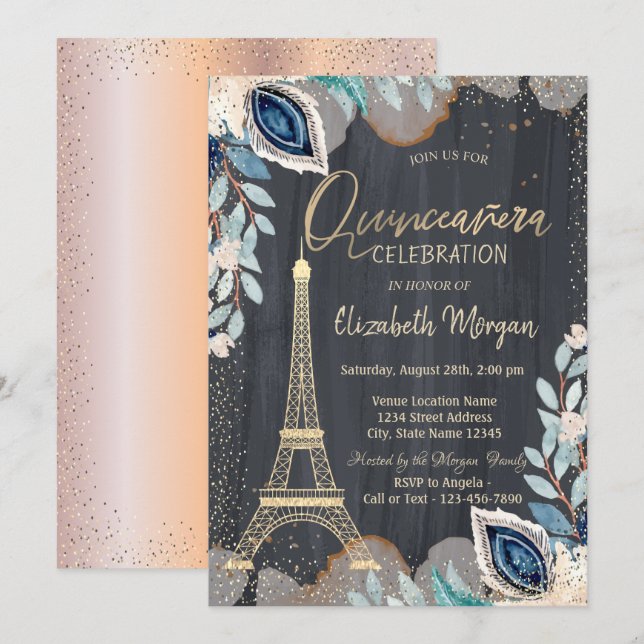 Gold Eiffel Tower,Flowers, Rose Gold Quinceanera Invitation (Front/Back)