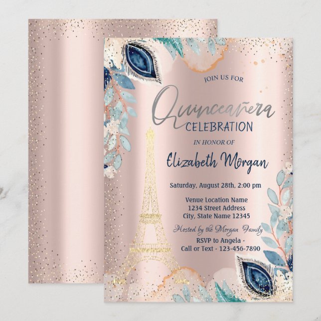 Gold Eiffel Tower,Flowers,Rose Gold Quinceañera Invitation (Front/Back)