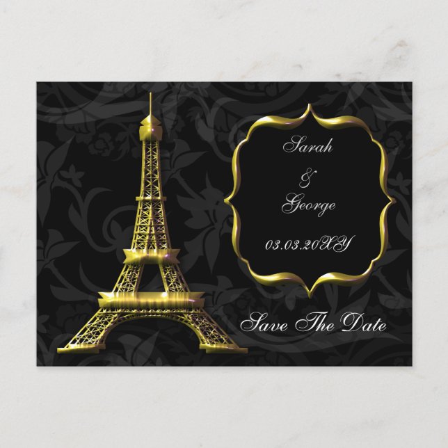 gold Eiffel Tower French wedding Save the Date Announcement Postcard (Front)