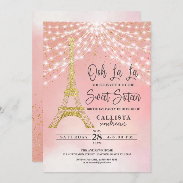 Gold Eiffel Tower Glitter Sparkles Lights Sweet 16 Invitation (Front/Back)