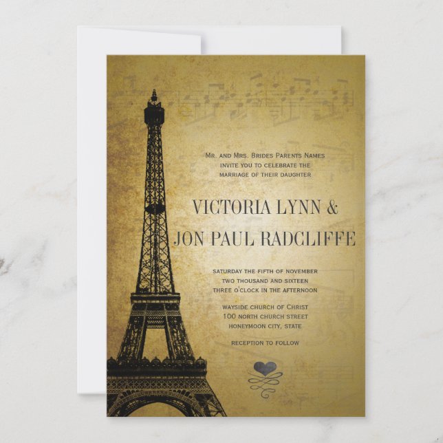 Gold Eiffel Tower Vintage Musical Notes Wedding Invitation (Front)