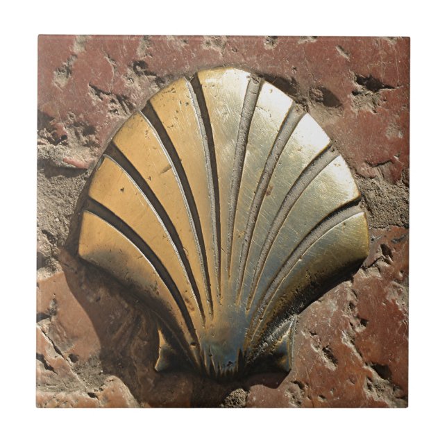 Gold El Camino shell sign, pavement, Leon, Spain Ceramic Tile (Front)