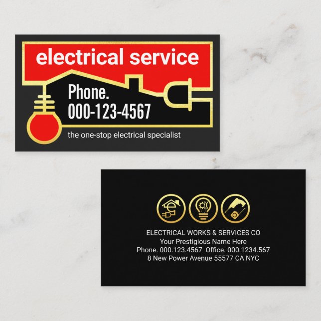Gold Electrical Bulb Plug Circuit Business Card (Front/Back)