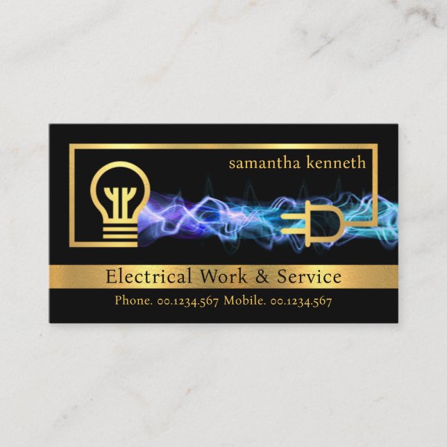 Gold Electrical Circuit Blue Lightning Business Card (Front)