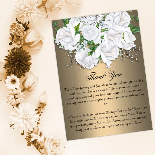 Gold Elegance and White Roses Wedding Thank You Card (Creator Uploaded)