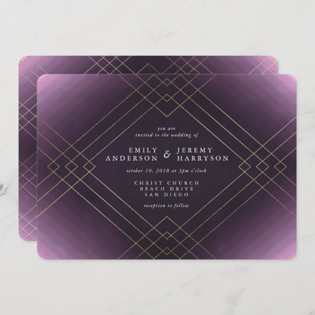 Gold Elegance Purple Diamond Gatsby Wedding Invitation (Front/Back)
