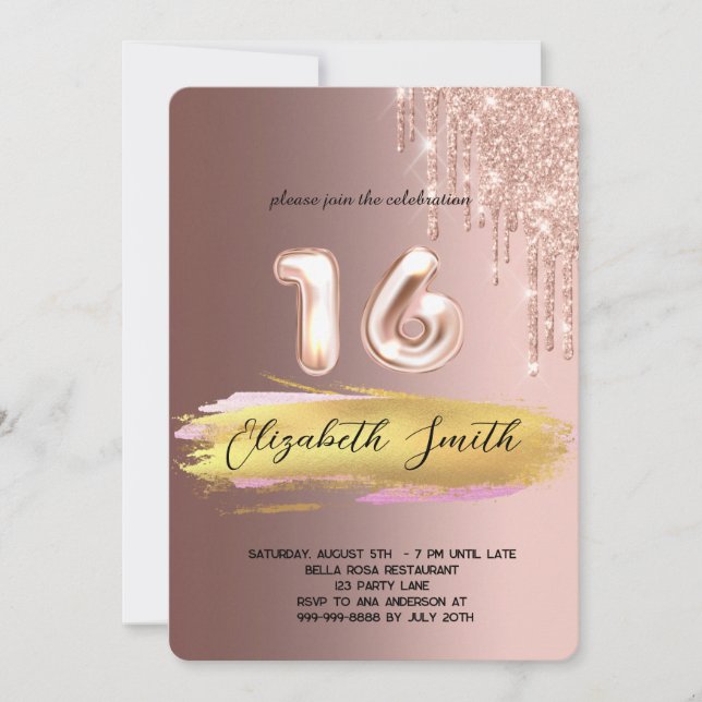  Gold elegance,  rose gold sweet sixteen   Invitation (Front)