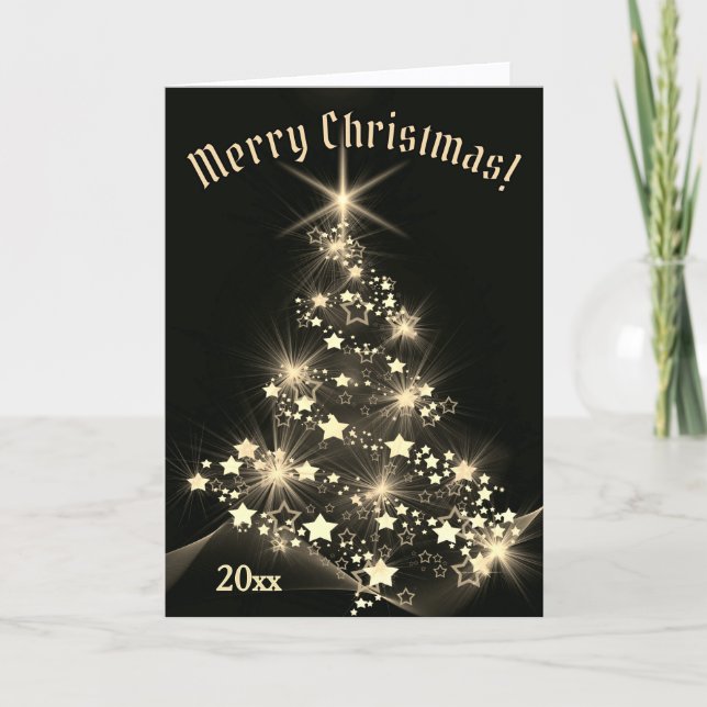 Gold Elegance Shinning Stars on Christmas Tree   Holiday Card (Front)