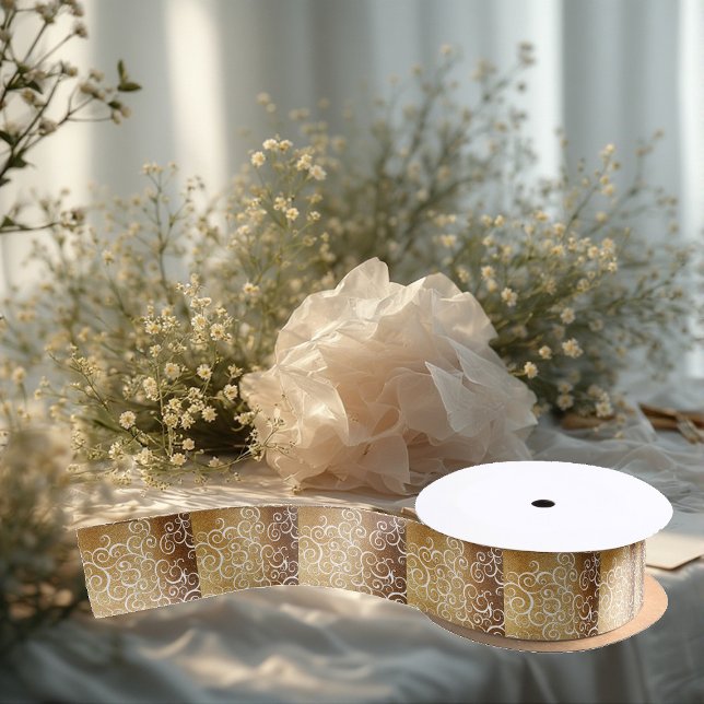 Gold Elegance Swirls Floral Motifs Vibrant Satin Ribbon (Gold Elegance Swirls Floral Motifs Vibrant Satin Ribbon)