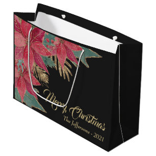 Gold Elegant Black Red Poinsettia Merry Christmas Large Gift Bag