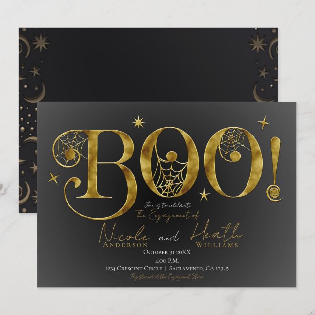 Gold Elegant BOO Magical Halloween Engagement  Invitation (Front/Back)