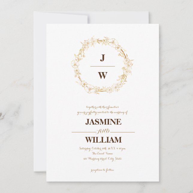 Gold elegant botanical crest monogram frame invitation (Front)