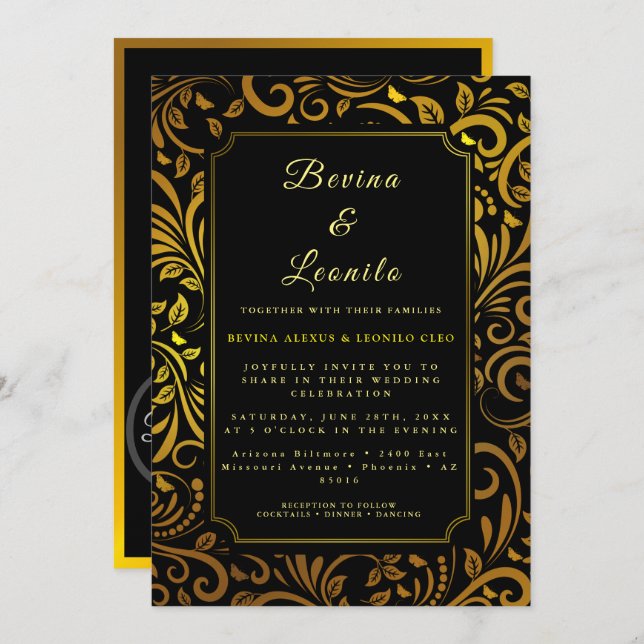 Gold Elegant Botanical Seamless Script M | Wedding Invitation (Front/Back)