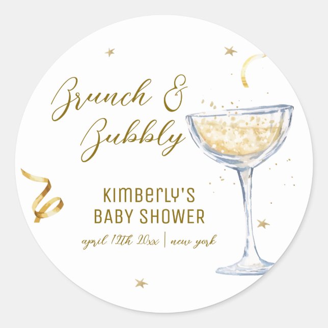 Gold Elegant Brunch Bubbly Champagne Baby Shower  Classic Round Sticker (Front)