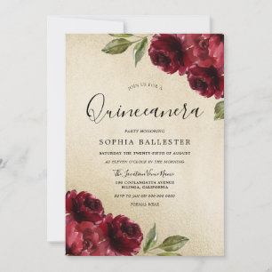 Gold Elegant Burgundy Red Flowers Quinceanera Invitation