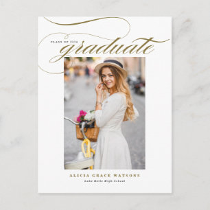 Gold Elegant Calligraphy Photo Graduation Announcement Postcard
