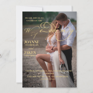 Gold elegant calligraphy photo wedding invitation