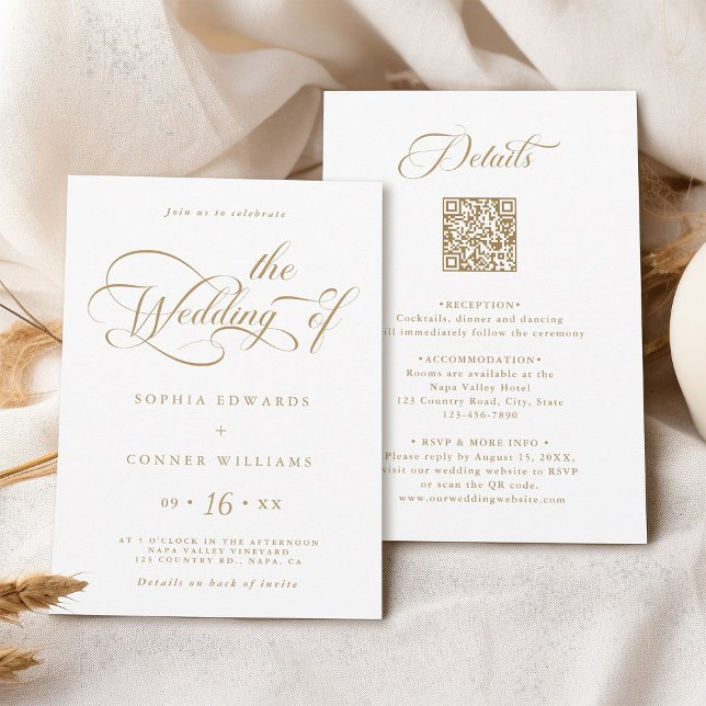 Gold Elegant Charm Wedding All in One  Invitation (Front & Back)
