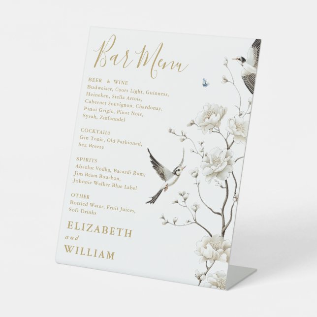 Gold Elegant Chinoiserie Floral Bar Menu Wedding Pedestal Sign (Front)