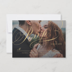 Gold elegant classic calligraphy photo wedding RSVP card