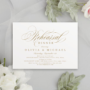 Gold elegant classic calligraphy rehearsal dinner invitation