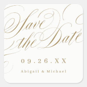 Gold elegant classic calligraphy save the date square sticker