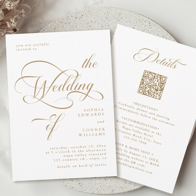 Gold Elegant Classy Wedding All in One  Invitation (Front & Back)