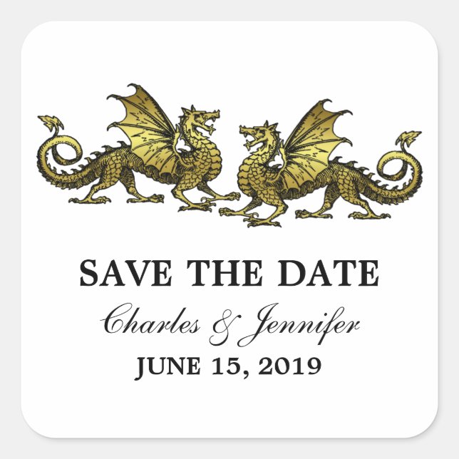 Gold Elegant Dragons Save the Date Stickers (Front)