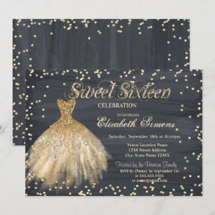Gold Elegant Dress Diamonds Black Sweet 16 Invitation