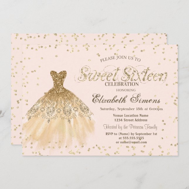 Gold Elegant Dress Diamonds Cream Sweet 16 Invitation (Front/Back)