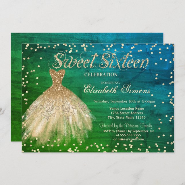 Gold Elegant Dress Diamonds Green Sweet 16 Invitation (Front/Back)