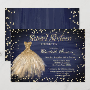 Gold Elegant Dress Diamonds Navy Blue Sweet 16 Invitation