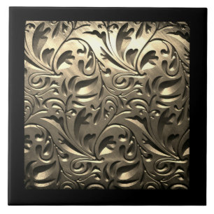 Gold elegant engraved metal look floral abstract ceramic tile