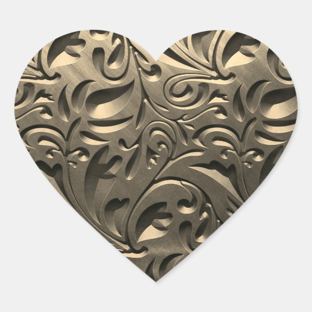 Gold elegant engraved metal look floral abstract heart sticker (Front)