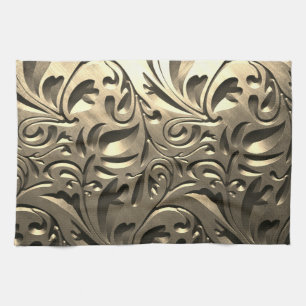 Gold elegant engraved metal look floral abstract tea towel