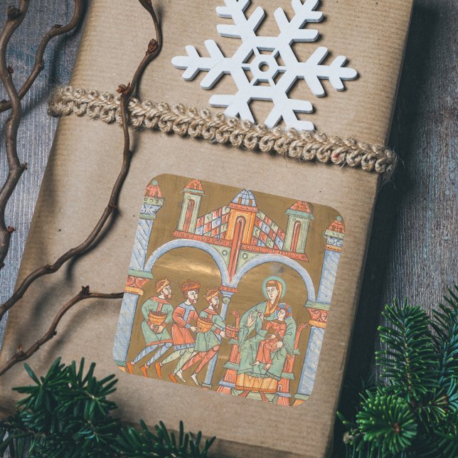 Gold Elegant Epiphany Christmas Nativity Mediaeval Square Sticker (Gold Elegant Epiphany Three Kings Catholic Christian Christmas Nativity Scene Medieval Gift Sticker)