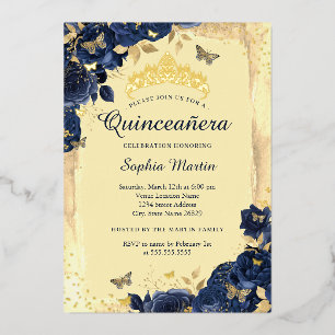 Gold Elegant Floral Butterfly Navy Quinceanera 