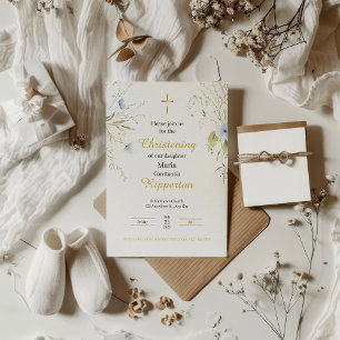 Gold Elegant Floral Gold Cross Baptism Invitation