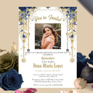 Gold Elegant Floral Photo Mis Quince Quinceañera Acrylic Invitations