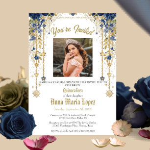 Gold Elegant Floral Photo Mis Quince Quinceañera Invitation