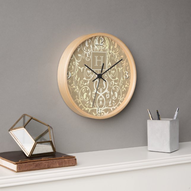 Gold Elegant Flourish Monogram Clock (Office)