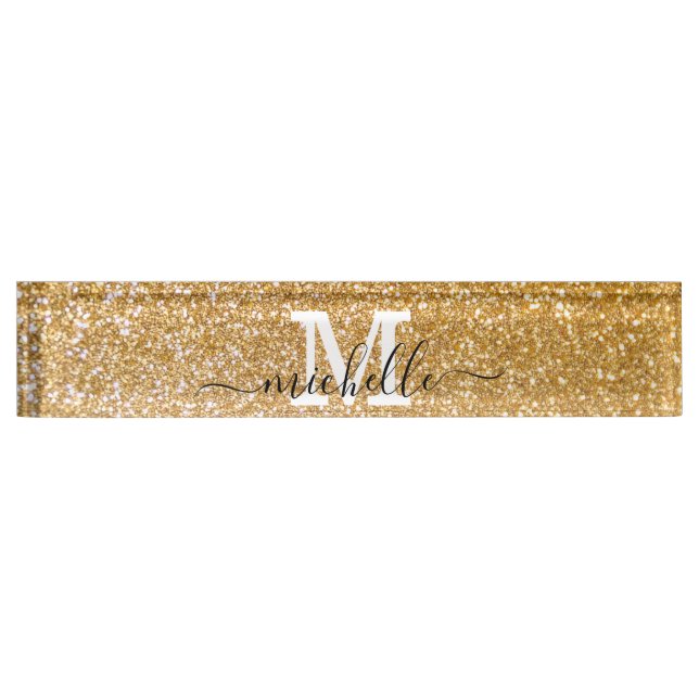 Gold Elegant Glitter Feminine Script Name Nameplate (Front)