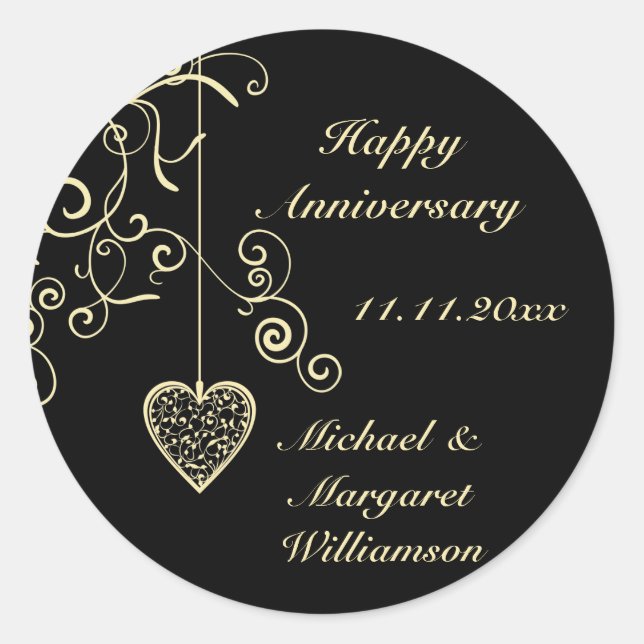 Gold Elegant Heart Wedding Anniversary Stickers (Front)