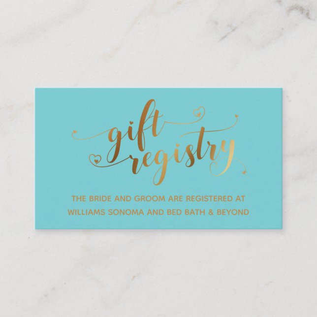 Gold Elegant Hearts Script Turquoise Gift Registry Enclosure Card (Front)