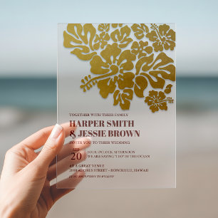 Gold - Elegant Hibiscus Beach Wedding Acrylic Invitations